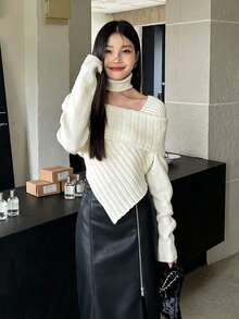 Korean Style Asymmetrical Soft Flattering Halter Neck Cold Shoulder Knit Sweater Top - Apricot - View 1