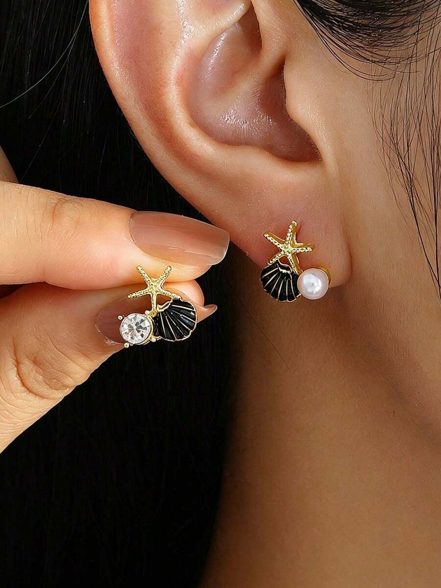 1 par de pendientes de botón de estrella de mar y concha, elegantes, dulces y versátiles, de diseño minimalista, pequeños y únicos, adecuados para el uso diario y festivo de las mujeres - Negro - Ver 1