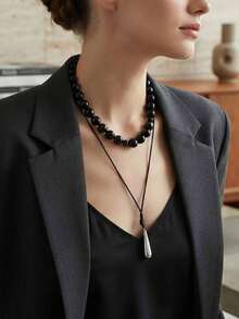 A Set Of Pu Leather Beaded Multi-Layered Women's Casual Necklaces With Tethers, Personalized Daily Drop Pendant Necklaces, And Versatile Commuting. - Multicolor - View 5