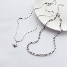 2pcs/Set Fashion Punk Minimalist Versatile Silver Stainless Steel Chain Eight-Pointed Star Pendant Short Necklace Choker Men's Accessory Decoration Suitable For Daily Wear - Silver - View 2