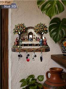 Suporte de Chaves Multifuncional de Madeira com Tema Religioso "A Última Ceia", Design Plano 2D, com 4 Ganchos de Metal, Decoração de Parede, Decoração de Entrada, Decoração de Quarto, Decoração de Villa, Decoração de Casa para Todas as Estações - Multicolorido - Visão 6