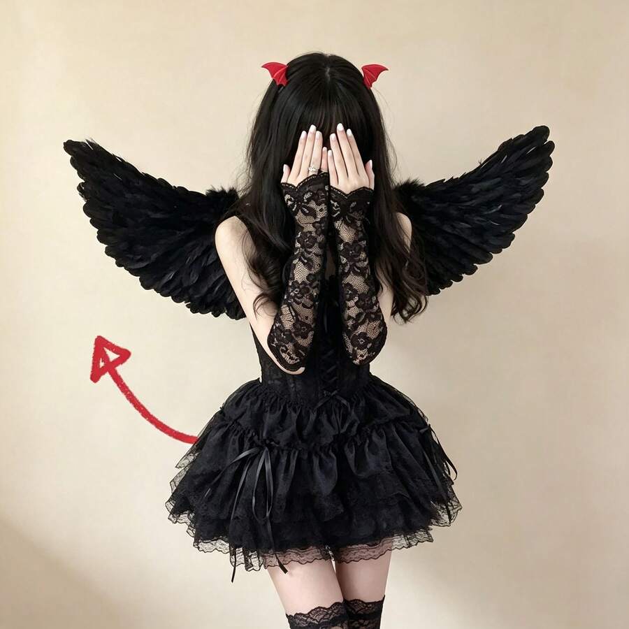 1 Peça Fantasia de Anjo Demônio com Asas - Traje de Penas Falsas Macias Brancas com Tiara em Formato de Coração, Estrutura de Papelão Durável Leve e Ajustável - Adequado para Halloween, Natal, Festa de Casamento, Cosplay, Acessórios de Fantasia - Multicolorido - Visão 1