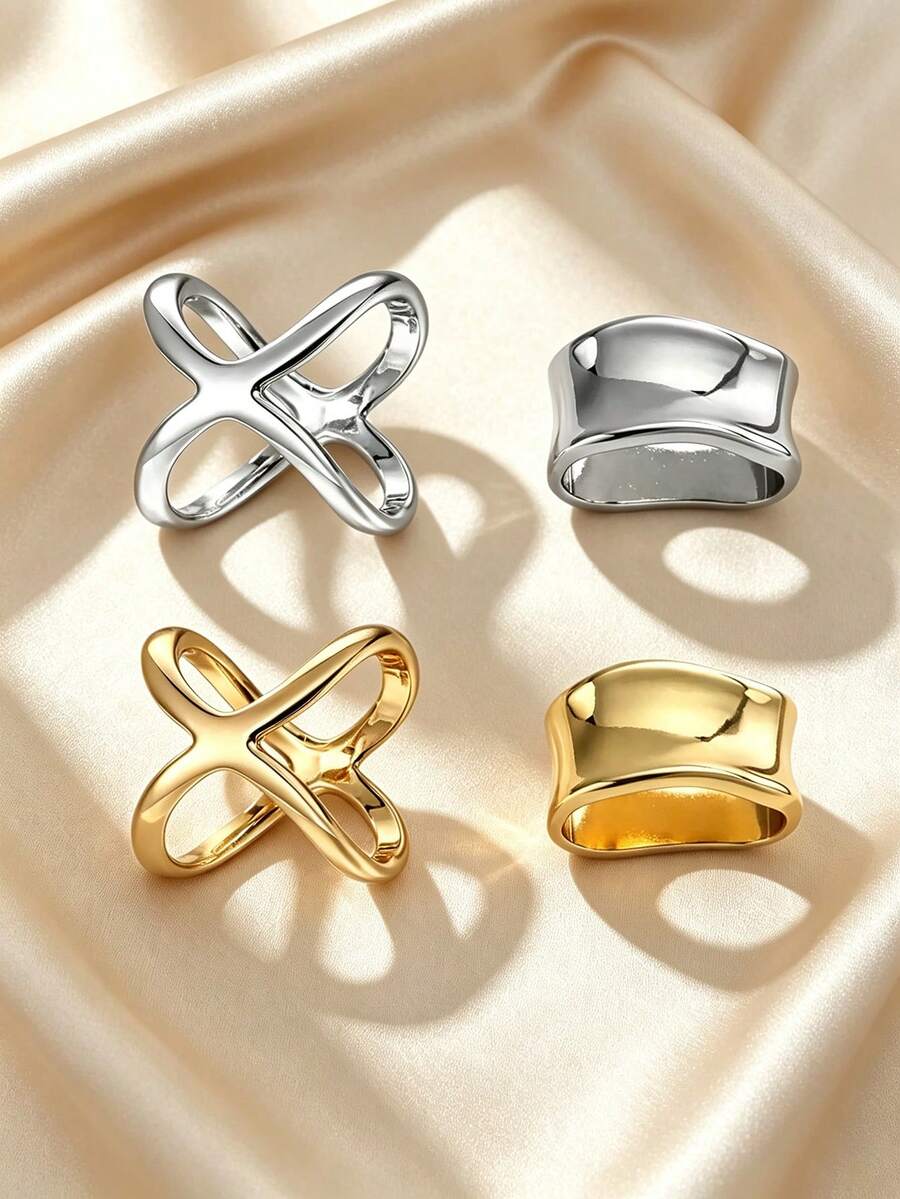 4pcs Silver & Gold Metal Scarf Rings, X-Shaped Geometric Scarf Clips, Women's Headscarf Buckles, Minimalist Brooch Shawl Clips Accessories - Multicolor - View 1