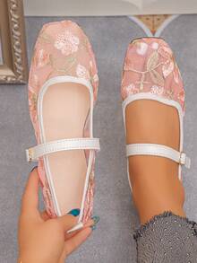 Women's Lace Embroidered Floral Mesh Buckle Low Heel Square Toe Flat Ballet Shoes, Elegant Style, Spring/Summer Daily Commute Wear, Pink, Plus Size 35-45, Random Floral Pattern - Pink With Bronze Large Flower - View 3