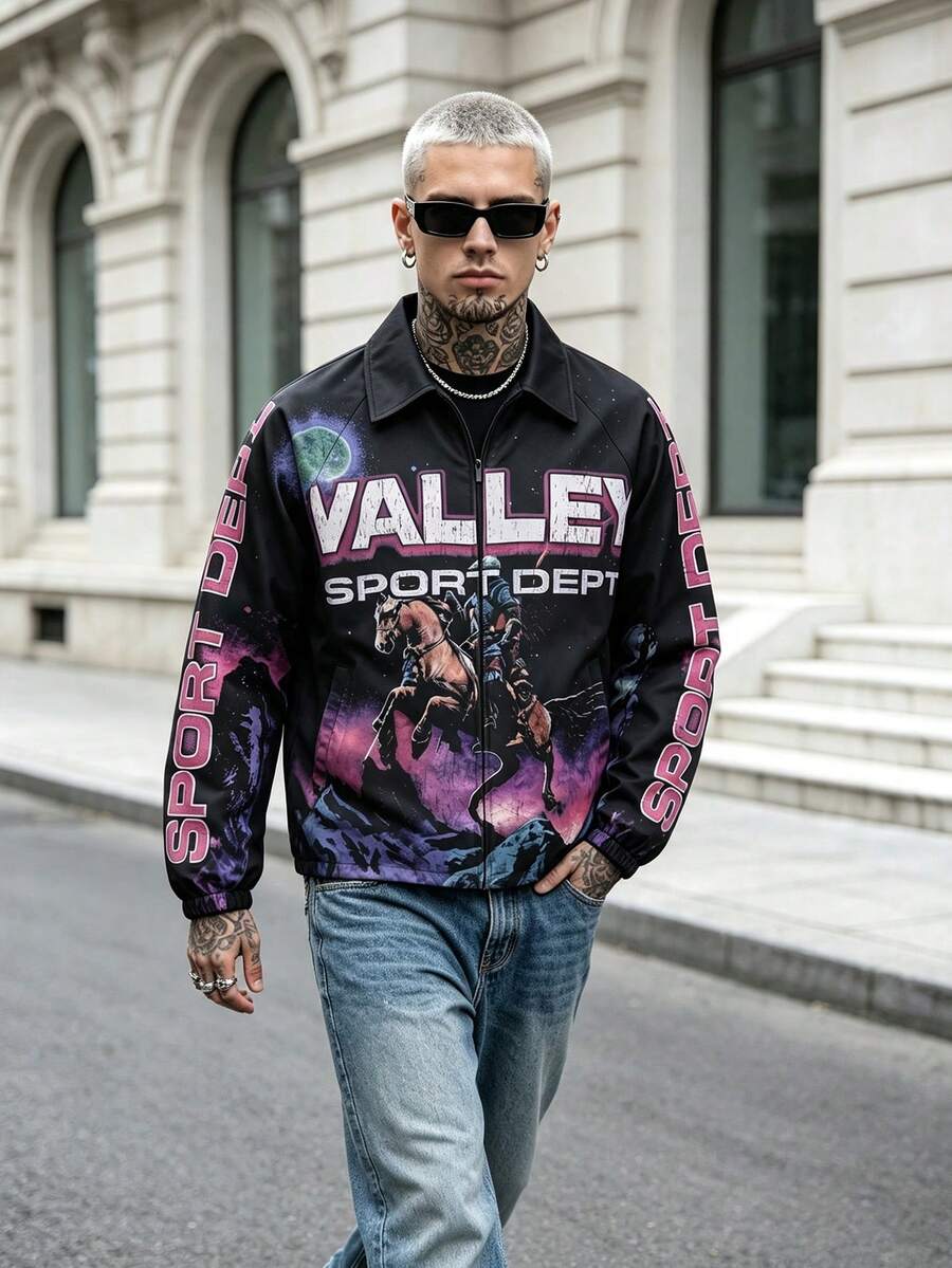 男士復古印花教練夾克,翻領全拉鍊字母騎士圖案彈性袖口寬鬆版型街頭風外套,適合春秋穿著 - 黑色 - 查看 1