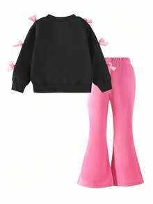 Young Girl Number Print Crew Neck Long Sleeve Top And Flare Pants Set - Black - View 3