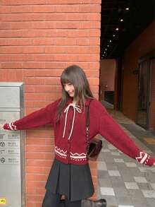 Áo len cardigan dệt kim cổ Fair Isle phong cách vintage Hàn Quốc, phối màu tương phản, cài nút đơn, dáng rộng đa năng - Đỏ - Xem 4
