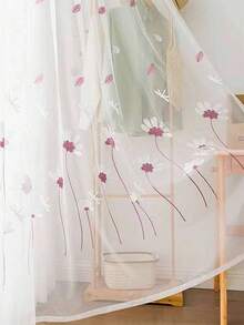 1PC Korean Style Gentle Daisy Embroidered Sheer Curtain Rod Pocket Falling Petals Dragonfly Pattern Decorative Sheer Window Curtain - Multicolor - View 8