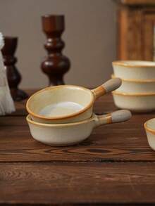 Japandi Retro Speckled Ceramic Handled Mini Bowl, Vintage Beige Condiment Dipping Sauce Dish, Small Appetizer Snack Serving Plate Household Kitchen Table Decor - Multicolor - View 2