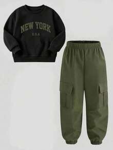 Tween Boy Letter Print Crew Neck Sweatshirt And Sweatpants Set - Army Green - View 2