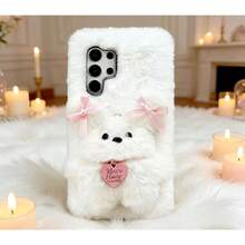 Casing Ponsel Anak Anjing Motif Pita 3D Mewah Musim Gugur/Dingin untuk S22/S23/S24/S25/S26 Ultra/Plus, Liontin Hati Gaya Feminin Lucu, Perlindungan Penuh Tahan Guncangan - Putih - View 2