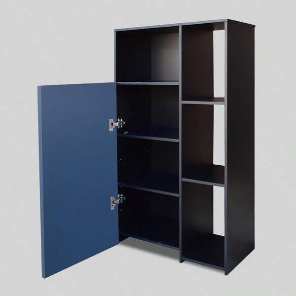 Alacena Despensero de Melamina Color Negro con Puerta Azul 30x30x112 cm | Organizador Multiusos con 1 Puerta, 4 Estantes Internos y 4 Compartimientos Abiertos | Diseño Asimétrico Moderno | Fácil de Armar