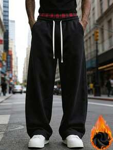 Men's Casual Autumn/Winter Thermal Lined Long Pants. Drawstring Minimalist Design. Side Pockets - Convenient For Carrying And Storage Sports Black - Black - View 7