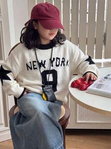 Sweater Leher Bulat Motif Bintang Digital Blok Warna untuk Remaja Perempuan, Pullover Rajut Longgar Kasual - Putih - View 6