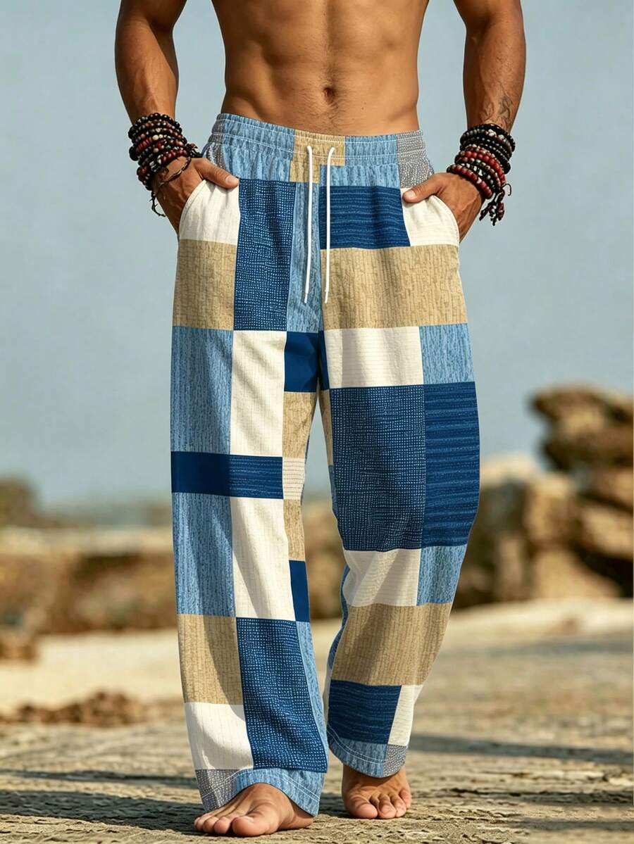 Celana Panjang Pria Model Lurus Longgar Motif Kotak-kotak Patchwork Denim Vintage, Celana Nyaman untuk Liburan Musim Panas, Cocok untuk di Rumah, Dilengkapi Saku - MultiWarna - View 1