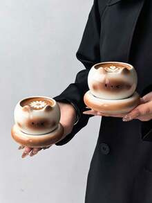 1 Set Siamese Cat Hand-Held Coffee Cup & Saucer, Niche Design Cute Cat Coffee Cup & Matching Small Round Saucer, Capacity Perfect For Arabic Coffee, Afternoon Tea, Gift - Multicolor - View 11