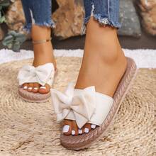 Women's Bow Decor Flat Sandals, Fashionable Comfortable Lightweight Round Toe Cushioned Beach Shoes - Beige - View 6