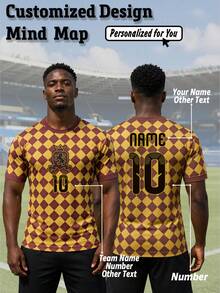 1pc Men's Vintage Argyle Football Jersey, Round Neck, Comfortable And Soft, Customizable Name, Number, Logo, Team Or Sponsor, Suitable For Team/Fan, Sports/Casual Gift - Yellow - View 1