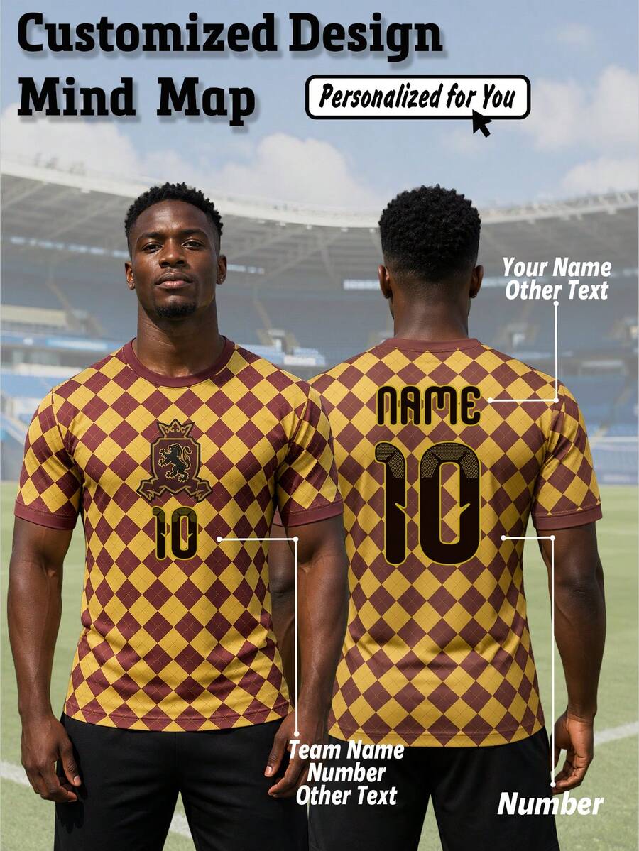 1pc Men's Vintage Argyle Football Jersey, Round Neck, Comfortable And Soft, Customizable Name, Number, Logo, Team Or Sponsor, Suitable For Team/Fan, Sports/Casual Gift - Yellow - View 1
