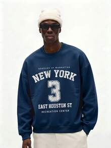 Sudadera holgada casual de manga larga con cuello redondo y estampado de Houston para hombre, primavera/otoño - Azul Marino - Ver 1