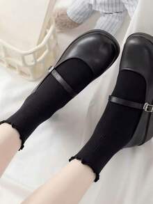 1/3/5/10 Pasang Kaos Kaki Wanita Warna Polos Manis Lucu Gaya Jepang Hitam Tipis dengan Tepi Digulung - Hitam - View 7