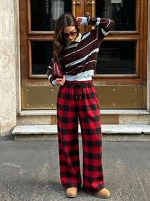 Plaid Drawstring Elastic Waist Wide Leg Pants, Women's Casual Loose Straight Leg Long Pants, Red - Red - View 2