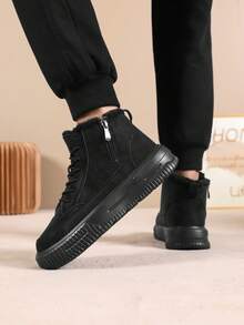 Men's High-Top Fashion Boots, Comfortable And Durable, Lace-Up Closure, Letter Pattern, Suitable For Outdoor Exploration, All-Season Wear - Black - View 4