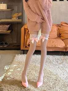 1 Pair Pink Semi-Sheer Bow Over-The-Knee Socks, Women's Socks, Suitable For Daily Wear - Multicolor - View 5