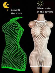 1 buah Jumpsuit Seksi Bercahaya dalam Gelap, Gaun Bodycon Jala Bercahaya Seksi dan Keren, Set Patchwork Transparan Berongga Tanpa Tali - Hijau bercahaya putih tembus cahaya - View 2