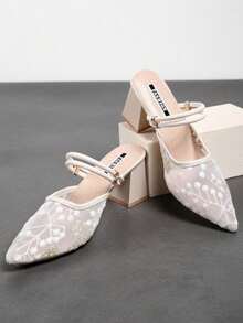 Fashion Versatile 2-Way White Snowflake Lace Mesh Double Thin Strap Pointed Toe Chunky Heel Backless Half-Sling Sandals - Beige Snowflake - View 6