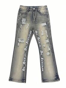 Embroidered Flared Jeans, Men's Denim Jeans With Embroidered Letters, Slim Fit Flare Leg Jeans, Distressed Flare Leg Jeans With Patches, Y2K Stacked Washed Jeans, Contrast Washed Embroidered Jeans, Suitable For All Seasons - Yellow - View 4