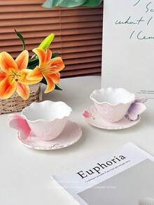 Hand-Painted 3D Butterfly Ceramic Tea Cup And Saucer Set, Butterfly Spoon, Embossed Pink Coffee Cup, Elegant Afternoon Tea Tableware, Home Cafe Decor, Birthday Gift, Housewarming Gift - Multicolor - View 3