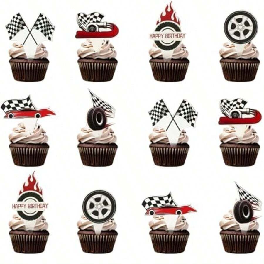 48 PCS Racing Car Cupcake Decorations, Racing Car Cake Decorations, Checkered Theme Cake Decorations For Party, Birthday Party Cake Decorations, Racing Car Cake Toppers Suitable For Various Occasions, Perfect For Sports Events, Racing Car Parties, Themed Birthday Parties And More. Racing Car Cake Decorations Are Also The Perfect Match For Racing Car Party Activities, You Can Pair Them With Racing Car Banners, Racing Car Tablecloths, Racing Car Party Gifts To Make Your Birthday Party Perfect! - Multicolor - View 1