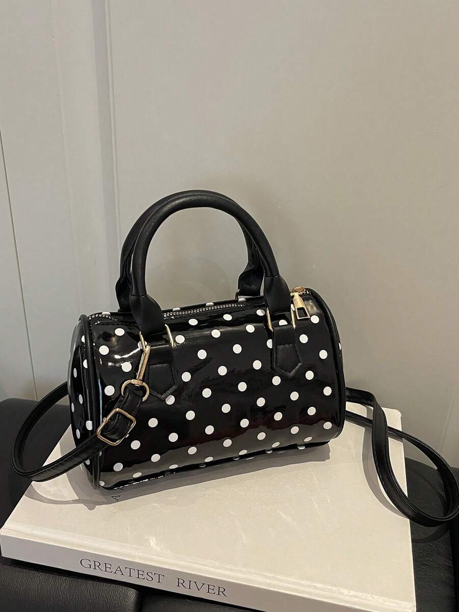 Cute Polka Dot Mini Boston Handbag, Sweet Shiny Leather Handle Women's Crossbody Shoulder Small Bag - Black - View 1