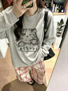 Women's Fashion Autumn/Winter Loose Fit Versatile Letter & Cat Print Long Sleeve T-Shirt Casual - Light Gray - View 2