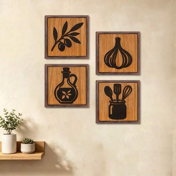 Suitable For All Seasons Gift: 2D Flat Print Wooden 4-Piece Set, Coffee Corner Frame, 2D Coffee Board, Kitchen Wall Decor