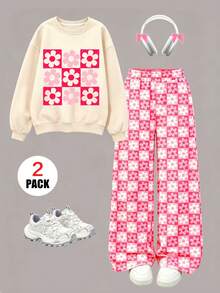 2pcs Girls' Set,Including Checkerboard Flowers Print Crewneck Sweatshirt&Random Crop Floral Plaid All-Over Print Wide-Leg Pants,Suitable For And Winter - Multicolor - View 2