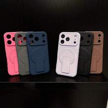 1pc Magnetic Phone Case With Large Window Stand Compatible With Iphone 16/15/14/13/12/11, Shockproof Protective Cover - Hot Pink - View 6