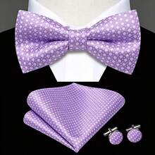 Men's Paisley Striped Silk Pre-Tied Bow Tie, Pocket Square And Cufflinks Set For Formal Wedding, Party And Ball - Lilac Purple - View 2