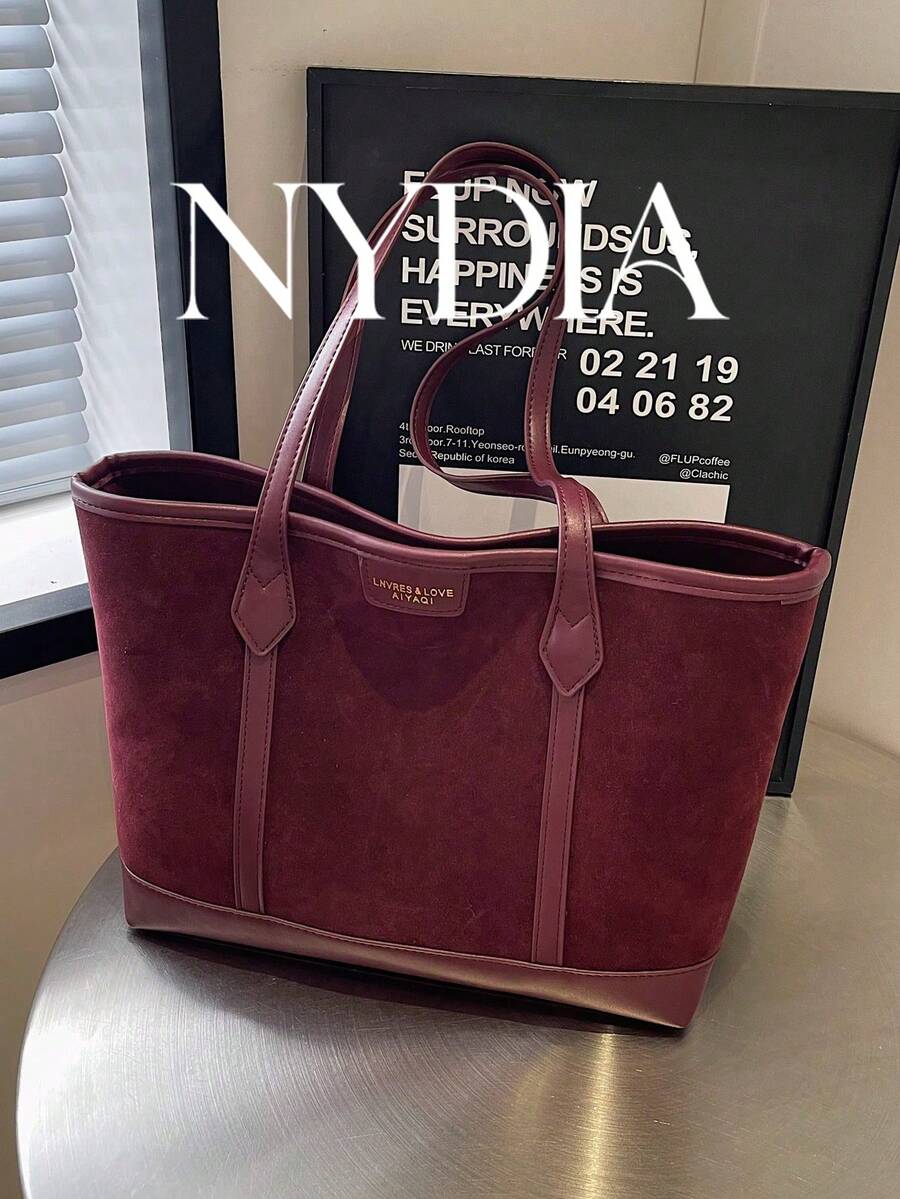 1 buah Tas Tote Bahu Wanita Motif Blok Warna PU+Anyaman Jerami, Tas Tangan Minimalis Modis untuk Berbelanja, Kencan, dan Bepergian - Burgundy - View 1