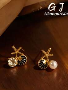 1 par de pendientes de botón de estrella de mar y concha, elegantes, dulces y versátiles, de diseño minimalista, pequeños y únicos, adecuados para el uso diario y festivo de las mujeres - Negro - Ver 6