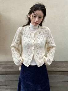 Casual Versatile Hollow Knit Short Cardigan - White - View 2