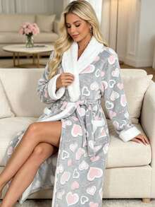 Grey Heart Print Bathrobe