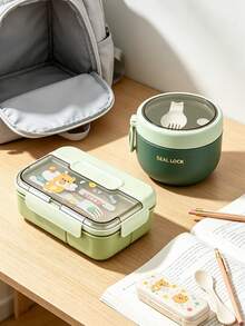 Cartoon PP Material Lunch Box Set, Portable Food Container, Large Capacity Food Storage Box, Student And Office Worker Lunch Box Set - Green - View 4