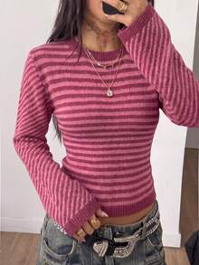 Women's Striped Crew Neck Short Knit Sweater, Vintage Style Top, Suitable For Daily Outings And Coffee Dates - Red - View 9