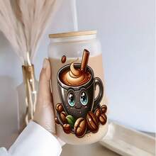 16oz Cute Cartoon Coffee Bean Pattern Glass Cup, Iced Coffee Straw Cup For Coffee Lovers - Multicolor - View 7