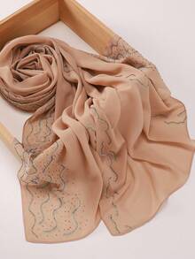 1pc Autumn/Winter New Luxury Wavy Edge Full Rhinestone Embellished Heavy Work Elegant Glamorous Muslim Hijab Chiffon Scarf - Coffee Brown - View 16
