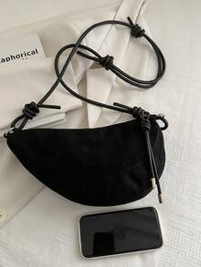 1pc Solid Color Matte Suede Fabric Shoulder Bag Women's Vintage Fashion Crescent Bag With Stitching Patchwork Zipper Closure Suitable For Daily And Street Use - Black - View 5