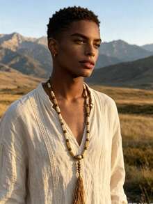 1pc Bamboo & Wooden Bead Handmade Beaded Tassel Necklace, Unisex Necklace, European & African Style - Apricot - View 7