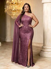 UNITHORSE Plus Size Women's Sequin Slit Shoulder Dress - Dusty Pink - View 1